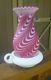 Fenton Cranberry Satin Swirled Feather Hurricane Lamp