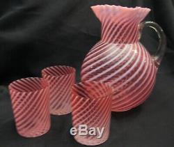 Fenton Cranberry Spiral Optic Pitcher And 3 Tumblers