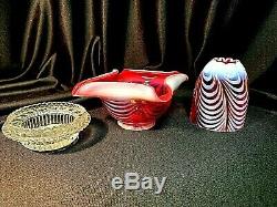 Fenton Cranberry Swirl Feather 3 Piece Fairy Lamp With Satin Opalescent Glass