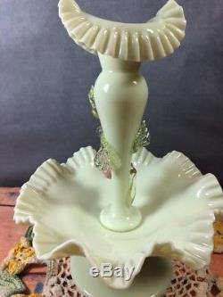 Fenton Custard Art Glass Epergne Single Horn With Applied Floriform (12)
