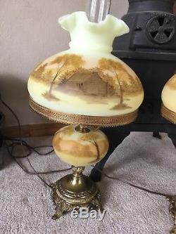 Fenton Custard Log Cabin Lamps