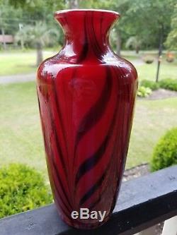 Fenton Dave Fetty 10 Ruby Red Pulled Feather Vase Ebony On Red Encased