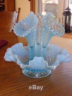 Fenton Diamond Lace Horn Blue Opalescent Epergne