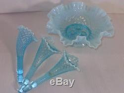 Fenton Diamond Lace Horn Blue Opalescent Epergne