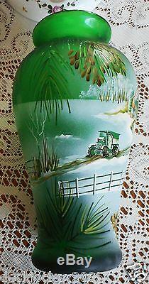 Fenton Emerald Green Art Glass Ooak Scenic Vase Artist Spindler Country Scene