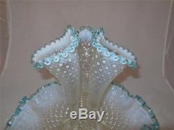 Fenton Epergne Aqua Blue Opalescent Diamond Lace 3 Horn