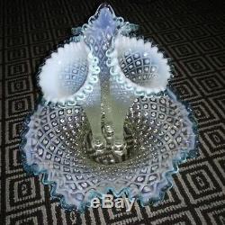 Fenton Epergne Aqua Blue Opalescent Diamond Lace with 3 Horns Impeccable