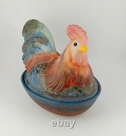 Fenton Folk Art Collection 2002 Rooster Hen on Nest Candy Dish withLid D Barbour