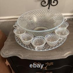Fenton French Opalescent Hobnail 13 Pc Punch Set withBowl, Underplate & 11 Cups