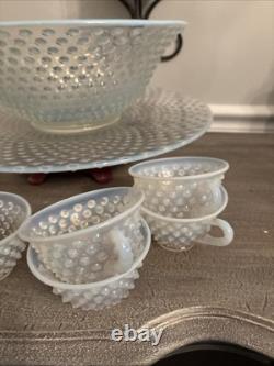 Fenton French Opalescent Hobnail 13 Pc Punch Set withBowl, Underplate & 11 Cups