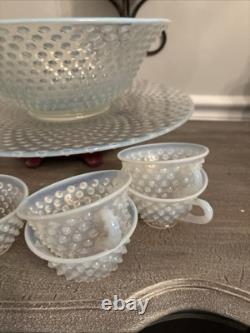 Fenton French Opalescent Hobnail 13 Pc Punch Set withBowl, Underplate & 11 Cups