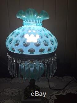 Fenton Glass Aqua Blue Opalescent Coindot Lamp! Beautiful