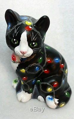 Fenton Glass Black Tuxedo Cat Christmas Lights Adorable OOAK by CC Hardman