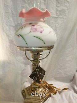 Fenton Glass Burmese Lamp student blue with flowers Excellent