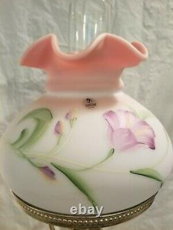 Fenton Glass Burmese Lamp student blue with flowers Excellent