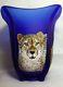 Fenton Glass Cobalt Vase Cheetah Tiger Leopard Lion Gorgeous OOAK by CC Hardman