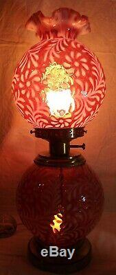 Fenton Glass Daisy & Fern Cranberry Opalescent Gone With The Wind Lamp