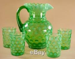 Fenton Glass Green Opalescent Dot Optic Water Set Pitcher Glasses 5 Pcs