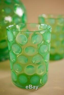 Fenton Glass Green Opalescent Dot Optic Water Set Pitcher Glasses 5 Pcs