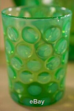 Fenton Glass Green Opalescent Dot Optic Water Set Pitcher Glasses 5 Pcs