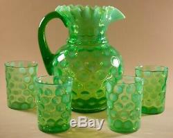 Fenton Glass Green Opalescent Dot Optic Water Set Pitcher Glasses 5 Pcs