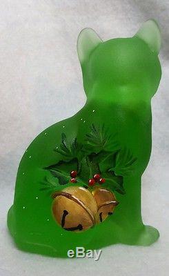 Fenton Glass Green Sitting Cat Santa Claus Christmas Holiday OOAK by CC Hardman