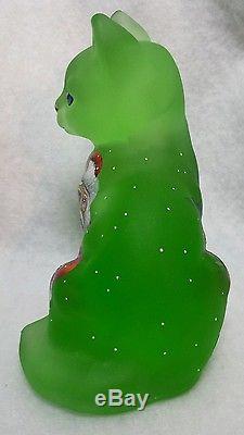 Fenton Glass Green Sitting Cat Santa Claus Christmas Holiday OOAK by CC Hardman