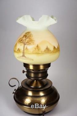 Fenton Glass Hand Painted Cabin on Burmese Shade Lamp