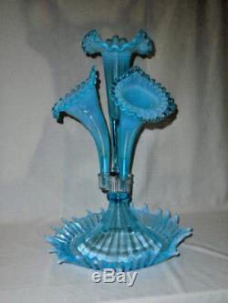 Fenton Glass LG Wright Epergne Aqua Blue Opalescent 4 Horn Vase Centerpiece Mint