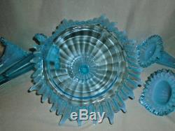 Fenton Glass LG Wright Epergne Aqua Blue Opalescent 4 Horn Vase Centerpiece Mint