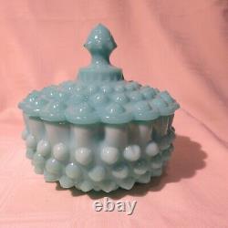 Fenton Glass Large Hobnail Covered Candy Dish - Aqua / Turquoise Opaque