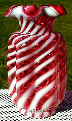Fenton Glass Vintage Cranberry Opalescent Spiral Optic Ruffled Pinch Vase 8.5H