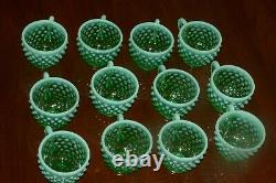 Fenton Green Opalescent Hobnail Punch Bowl Base 12 Cups with Holders GLOWS
