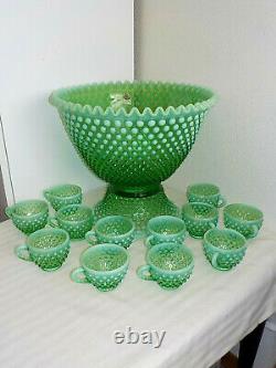 Fenton Green Opalescent Vaseline Hobnail Punch Bowl & 12 Cups & Glass Ladle