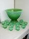 Fenton Green Opalescent Vaseline Hobnail Punch Bowl & 12 Cups & Glass Ladle
