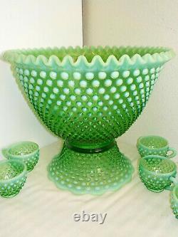 Fenton Green Opalescent Vaseline Hobnail Punch Bowl & 12 Cups & Glass Ladle