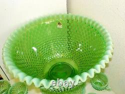 Fenton Green Opalescent Vaseline Hobnail Punch Bowl & 12 Cups & Glass Ladle