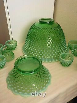 Fenton Green Opalescent Vaseline Hobnail Punch Bowl & 12 Cups & Glass Ladle