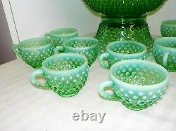 Fenton Green Opalescent Vaseline Hobnail Punch Bowl & 12 Cups & Glass Ladle