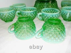 Fenton Green Opalescent Vaseline Hobnail Punch Bowl & 12 Cups & Glass Ladle