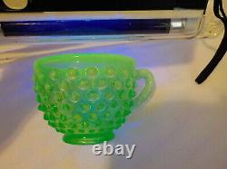 Fenton Green Opalescent Vaseline Hobnail Punch Bowl & 12 Cups & Glass Ladle