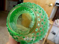Fenton Green Opalescent Vaseline Hobnail Punch Bowl & 12 Cups & Glass Ladle