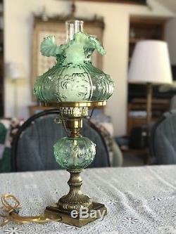 Fenton Green Student Lamp Opalescent And Embossed Roses