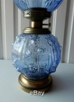 Fenton Gwtw Hurricane Lamp Brass Base Blue Cabbage Rose Pattern