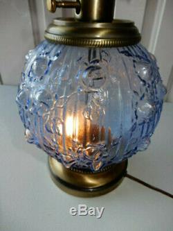 Fenton Gwtw Hurricane Lamp Brass Base Blue Cabbage Rose Pattern