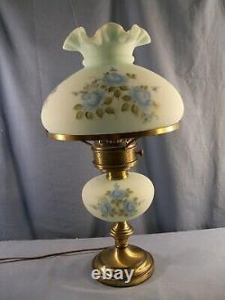 Fenton Hand Painted Blue Satin Glass Electric Table Lamp Blue Roses