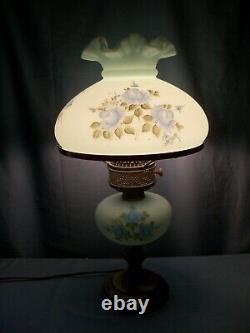 Fenton Hand Painted Blue Satin Glass Electric Table Lamp Blue Roses