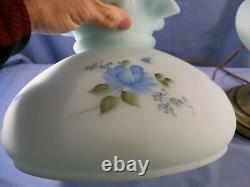 Fenton Hand Painted Blue Satin Glass Electric Table Lamp Blue Roses