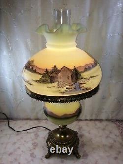 Fenton Hand Painted Grist Mill Lamp on Satin Custard