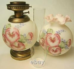 Fenton Hand Painted Pansy Flowers GTW Gone with the Wind Lamp #2791 White Satin